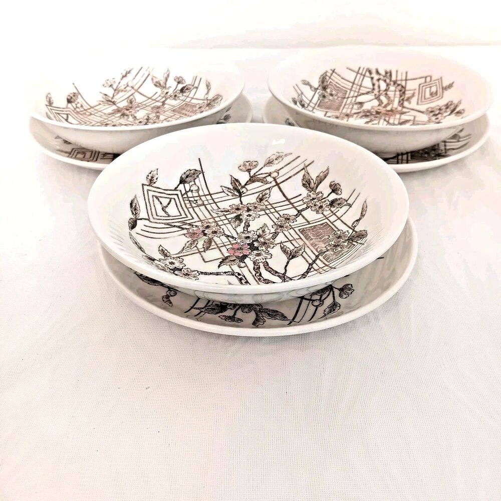 Vintage Nasco Trellis Japan 6 Pc Fruit Bowls and Saucers Set Cherry Blossoms MCM